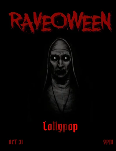 Lollypop. Raveoween flyer with a pale-faced nun.